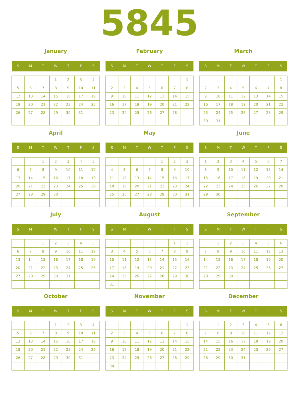 Printable 5845 Year Calendars chartreuse