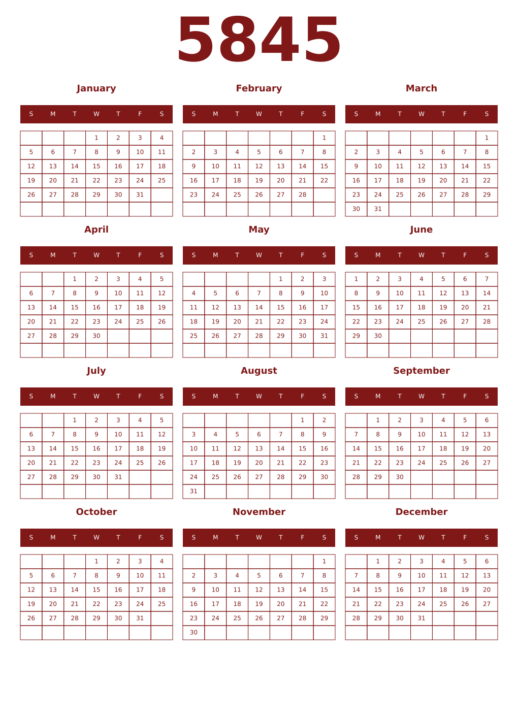 Printable 5845 Year Calendars falu