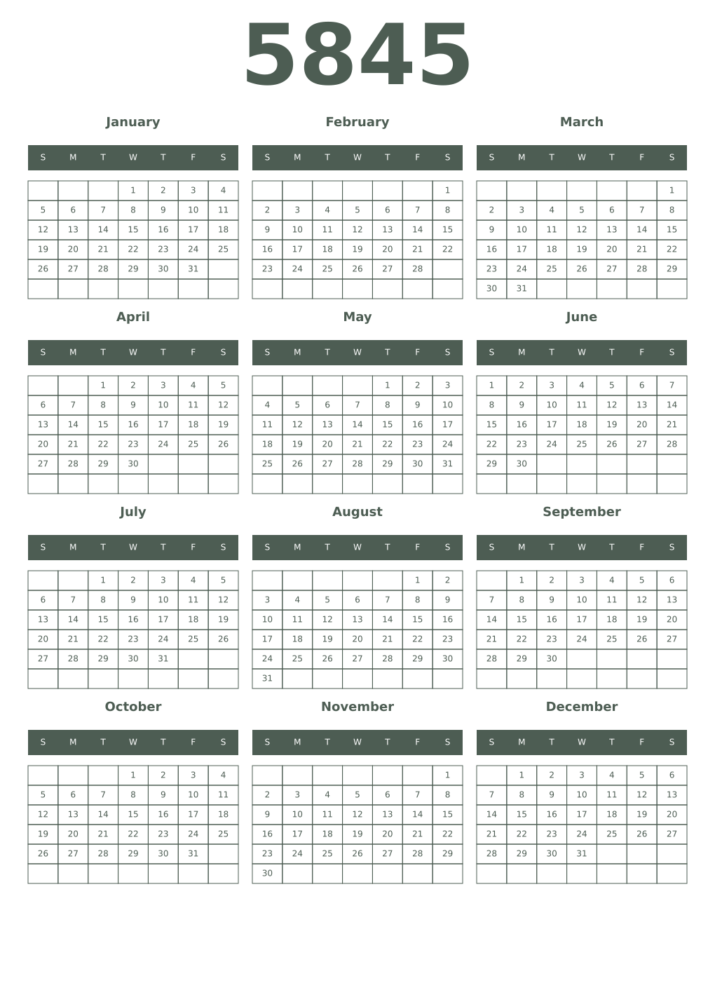 Printable 5845 Year Calendars feldgrau