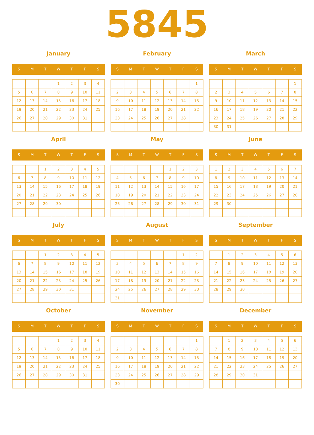 Printable 5845 Year Calendars gamboge