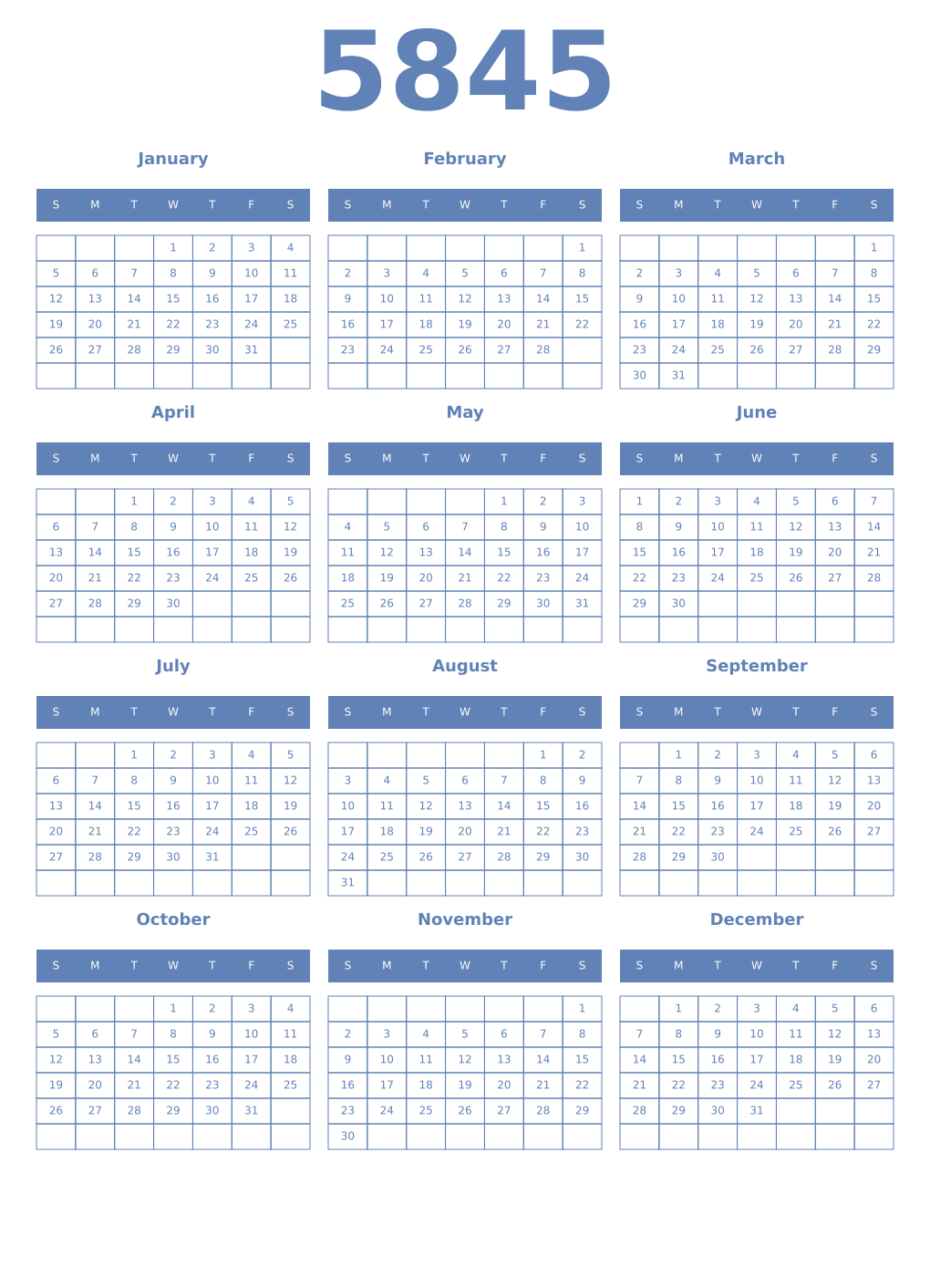 Printable 5845 Year Calendars glaucous