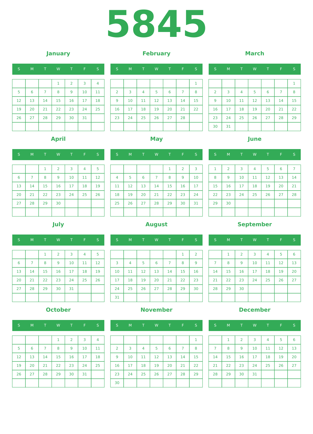 Printable 5845 Year Calendars green