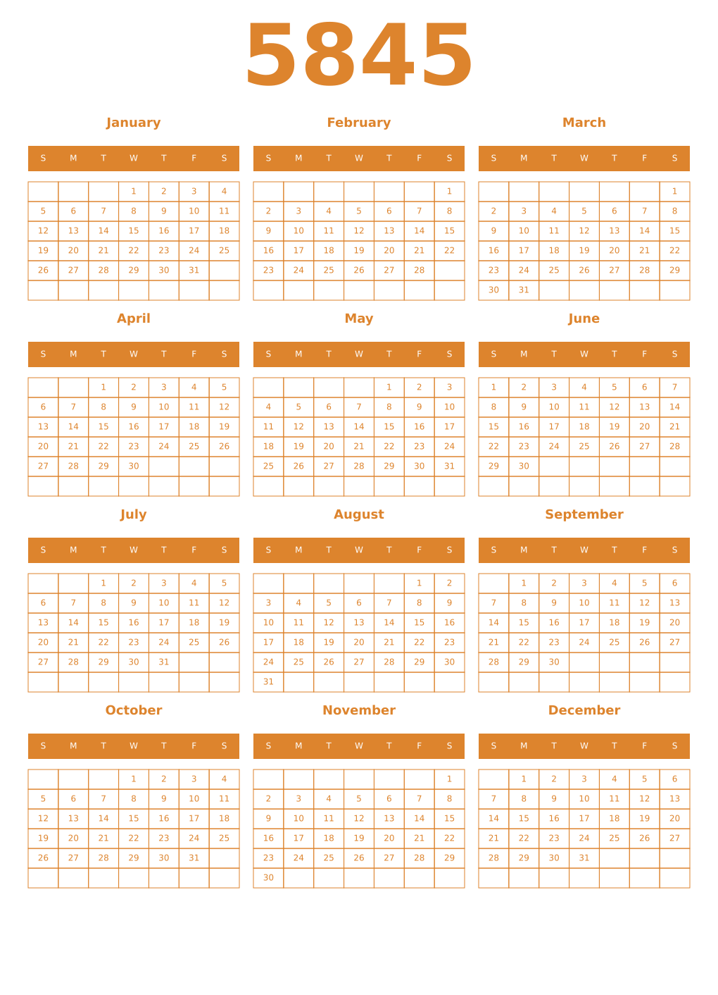 Printable 5845 Year Calendars orange