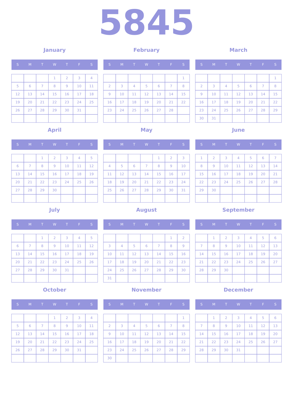 Printable 5845 Year Calendars periwinkle