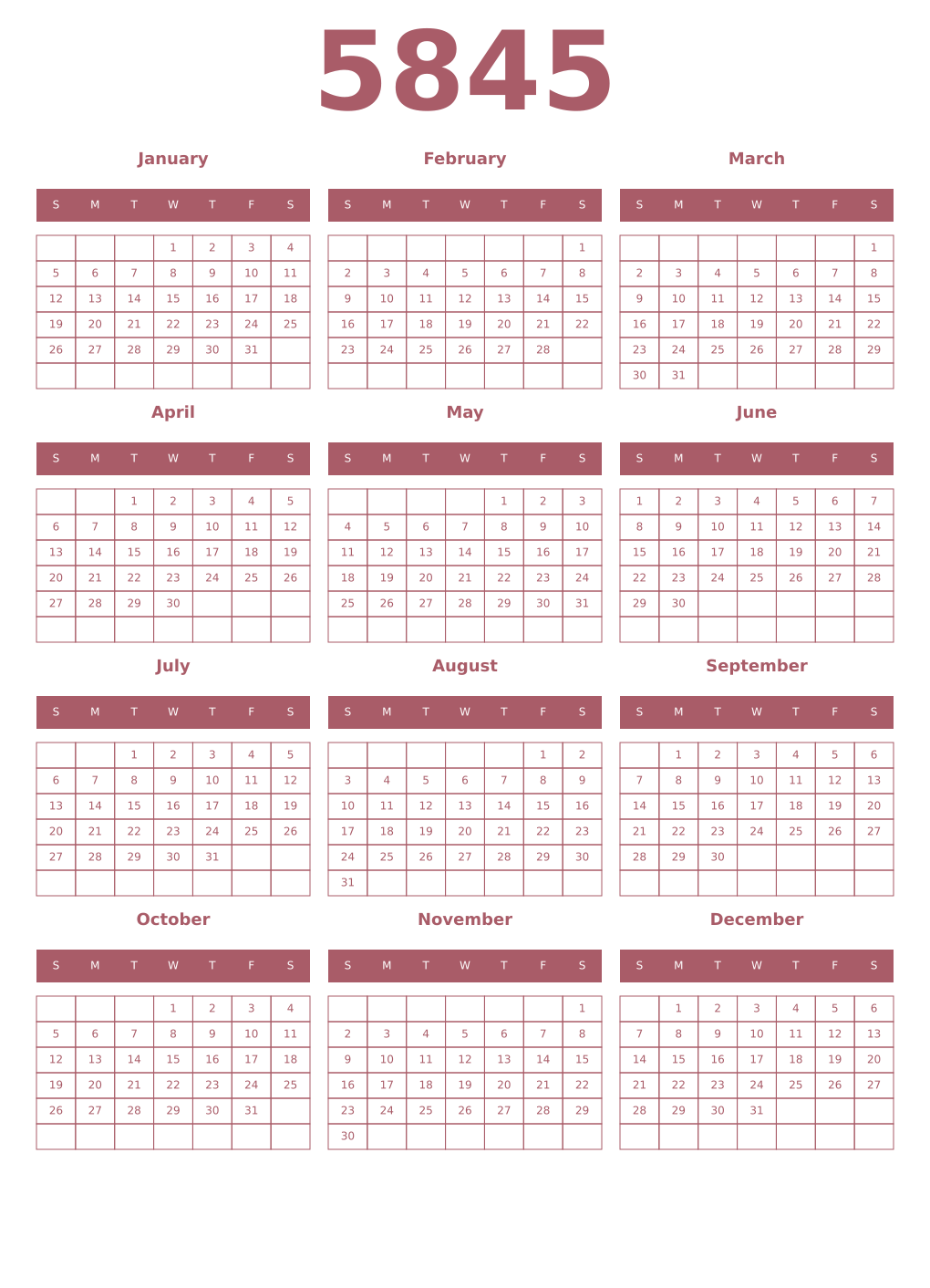 Printable 5845 Year Calendars puce