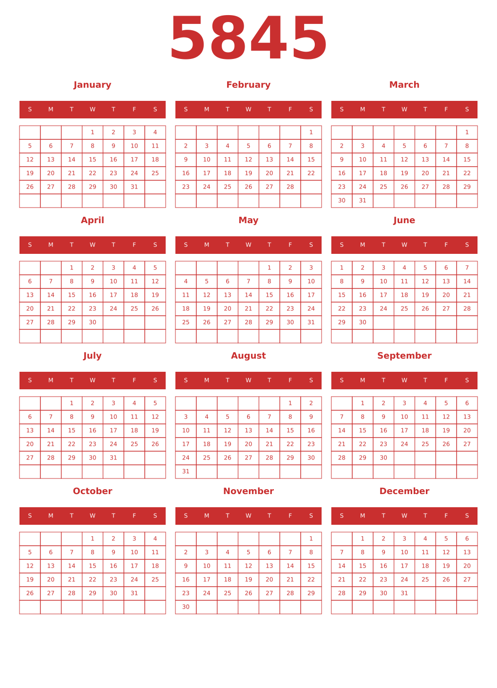 Printable 5845 Year Calendars red