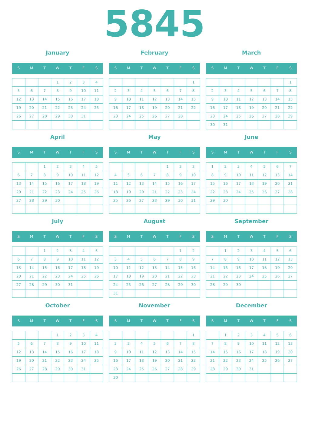 Printable 5845 Year Calendars verdigris