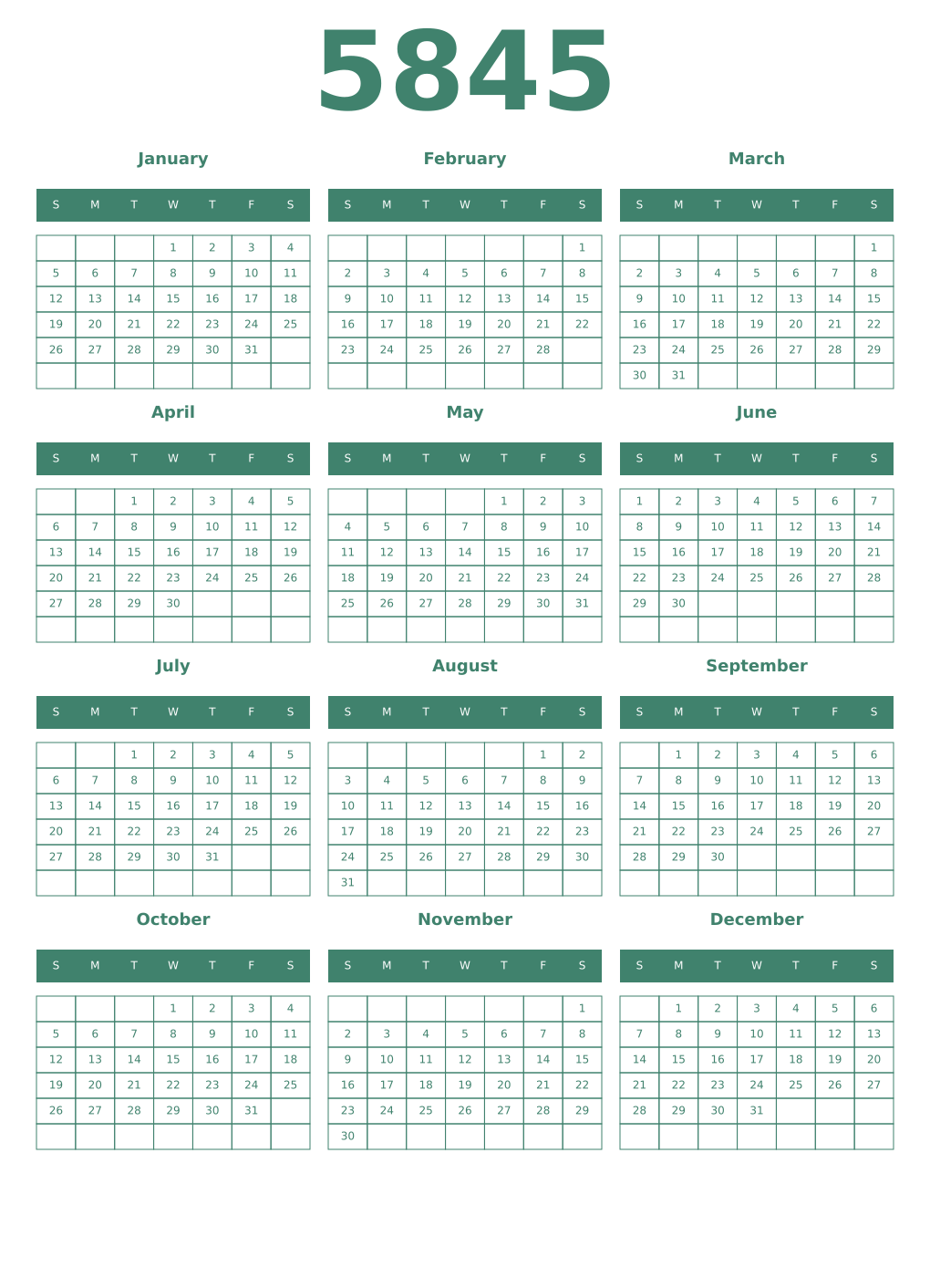 Printable 5845 Year Calendars viridian