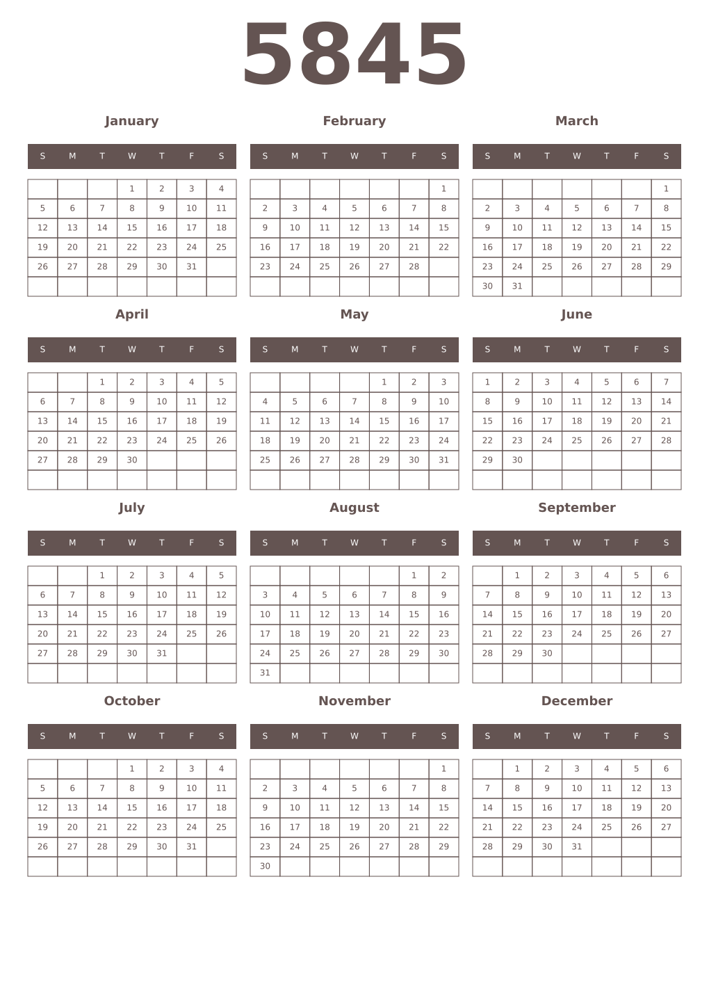 Printable 5845 Year Calendars wenge