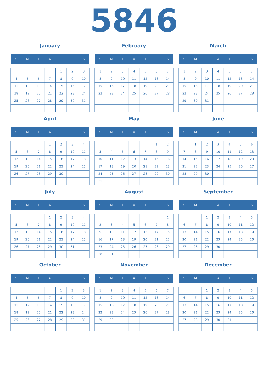 Printable 5846 Year Calendars blue