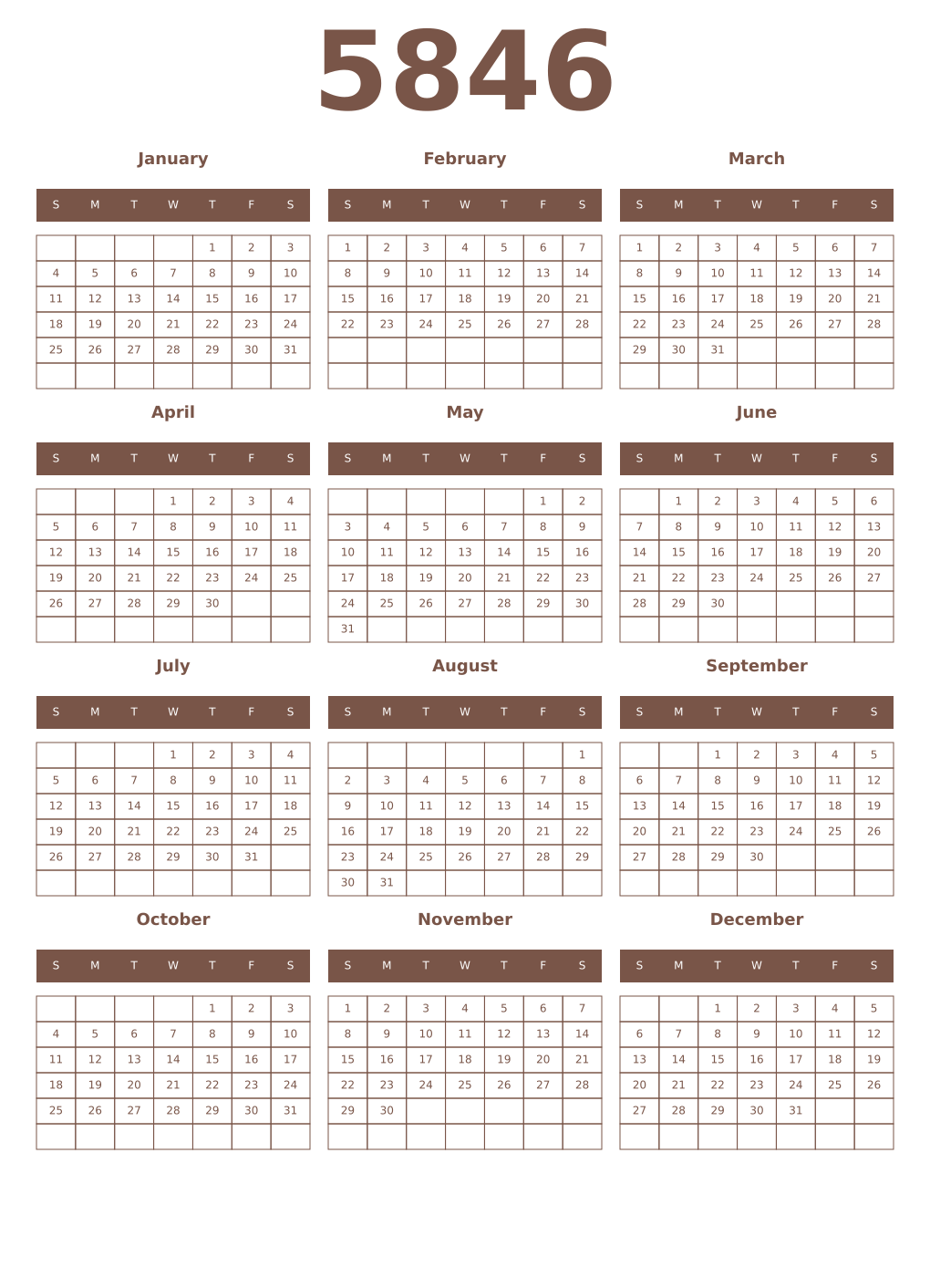 Printable 5846 Year Calendars coffe