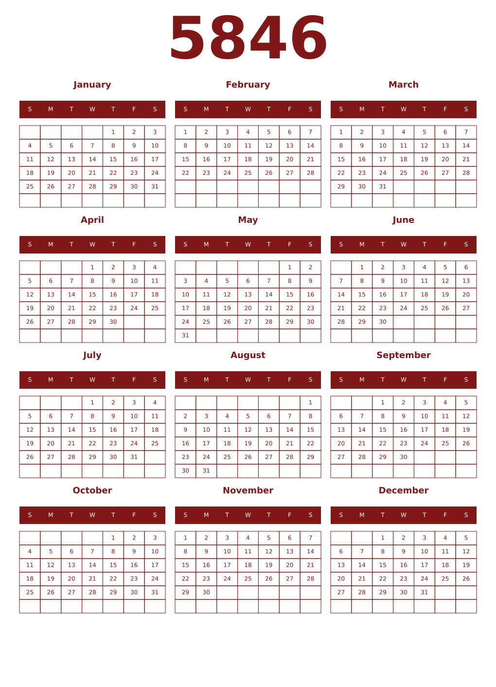 Printable 5846 Year Calendars falu