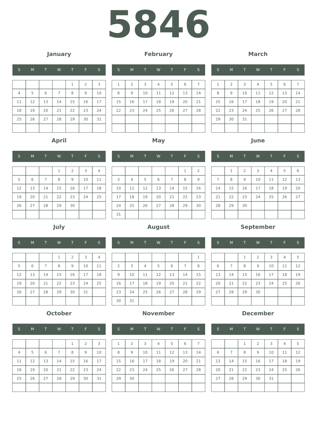 Printable 5846 Year Calendars feldgrau