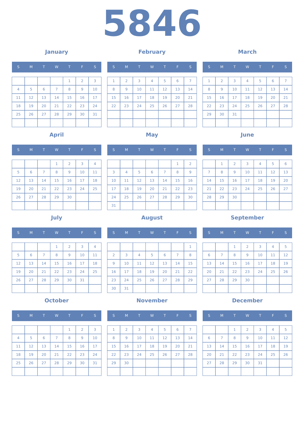 Printable 5846 Year Calendars glaucous