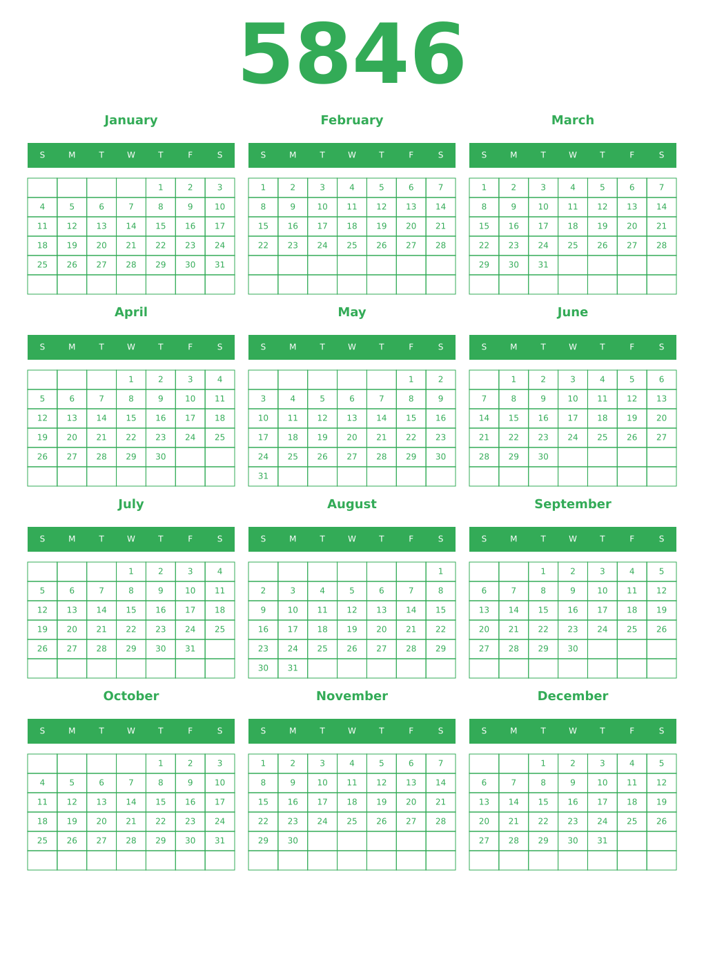 Printable 5846 Year Calendars green