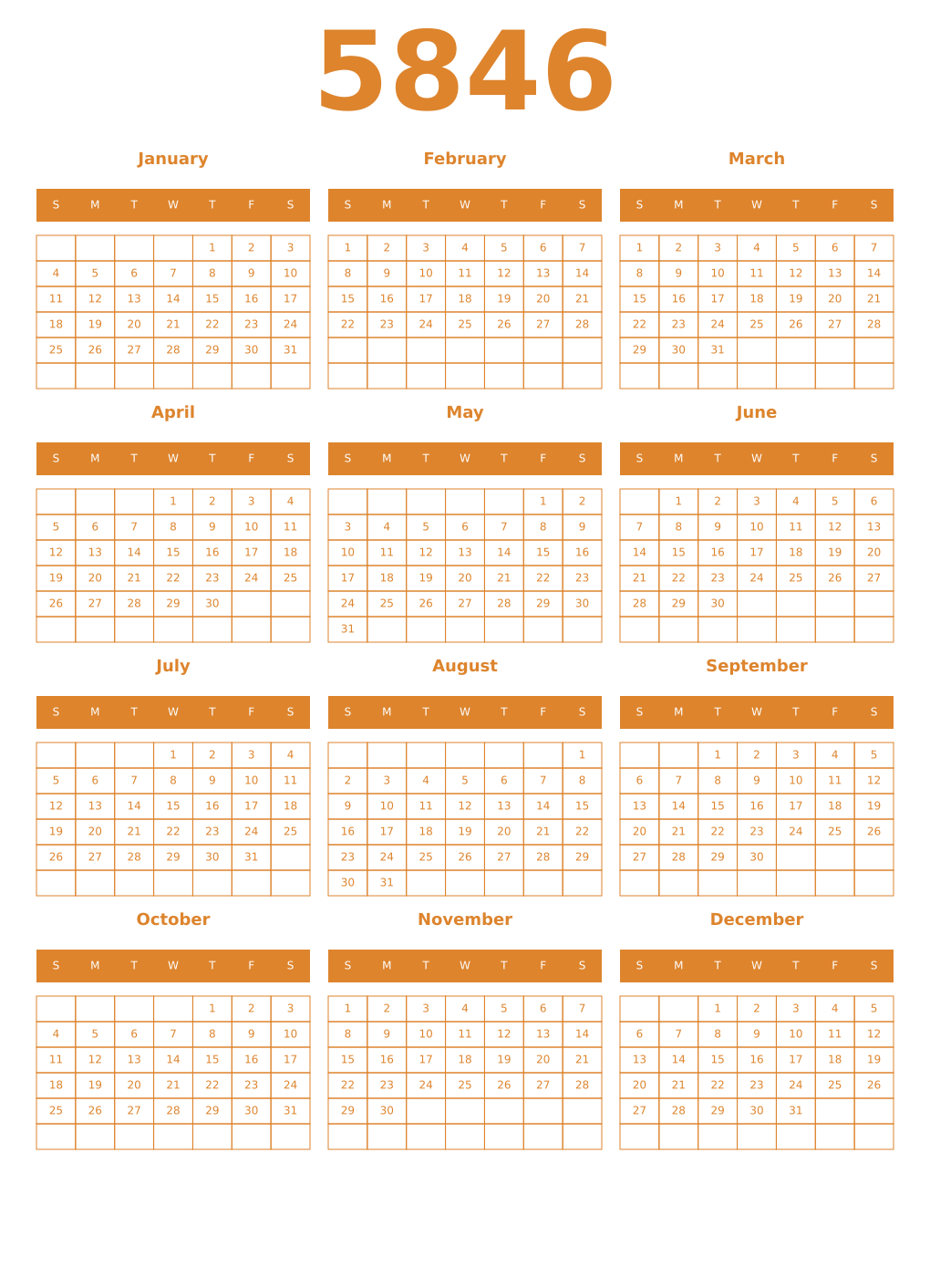 Printable 5846 Year Calendars orange