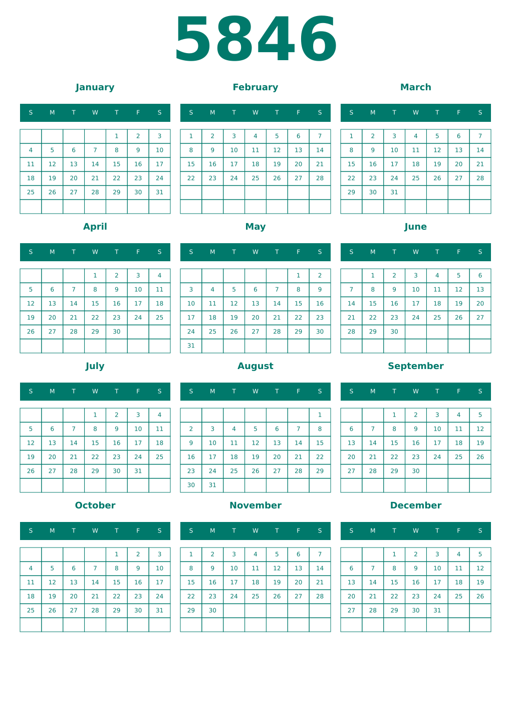 Printable 5846 Year Calendars pastel