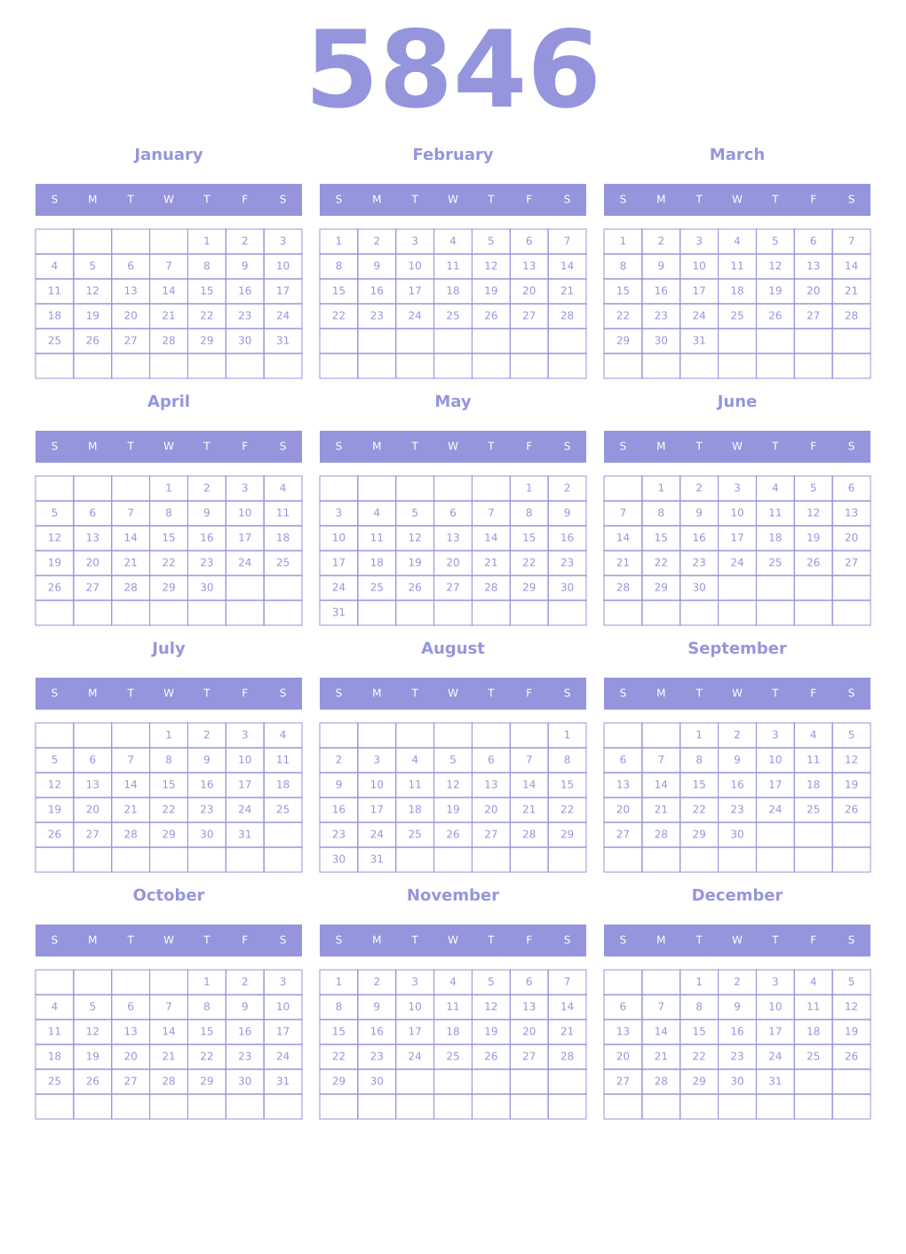 Printable 5846 Year Calendars periwinkle