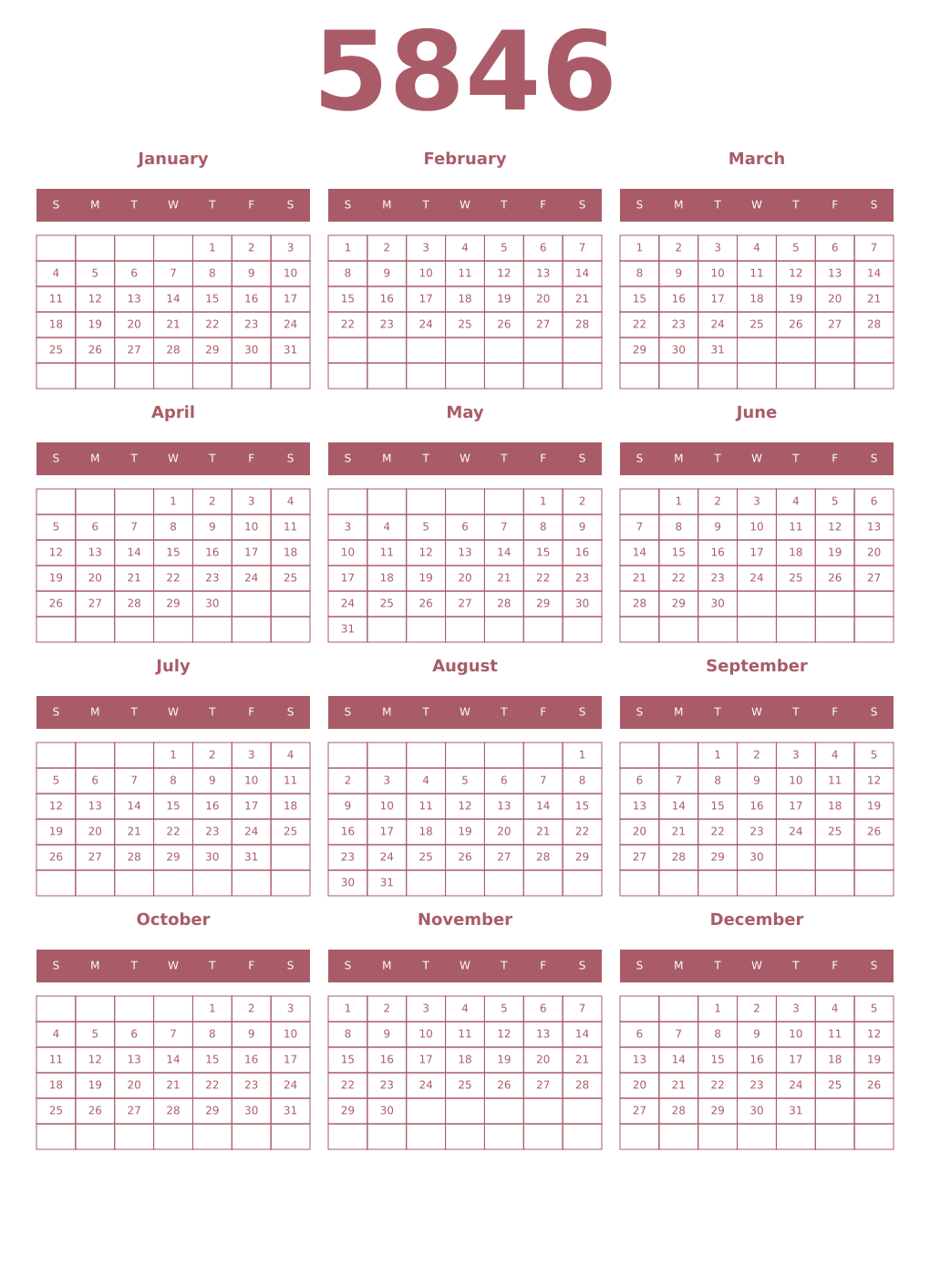 Printable 5846 Year Calendars puce