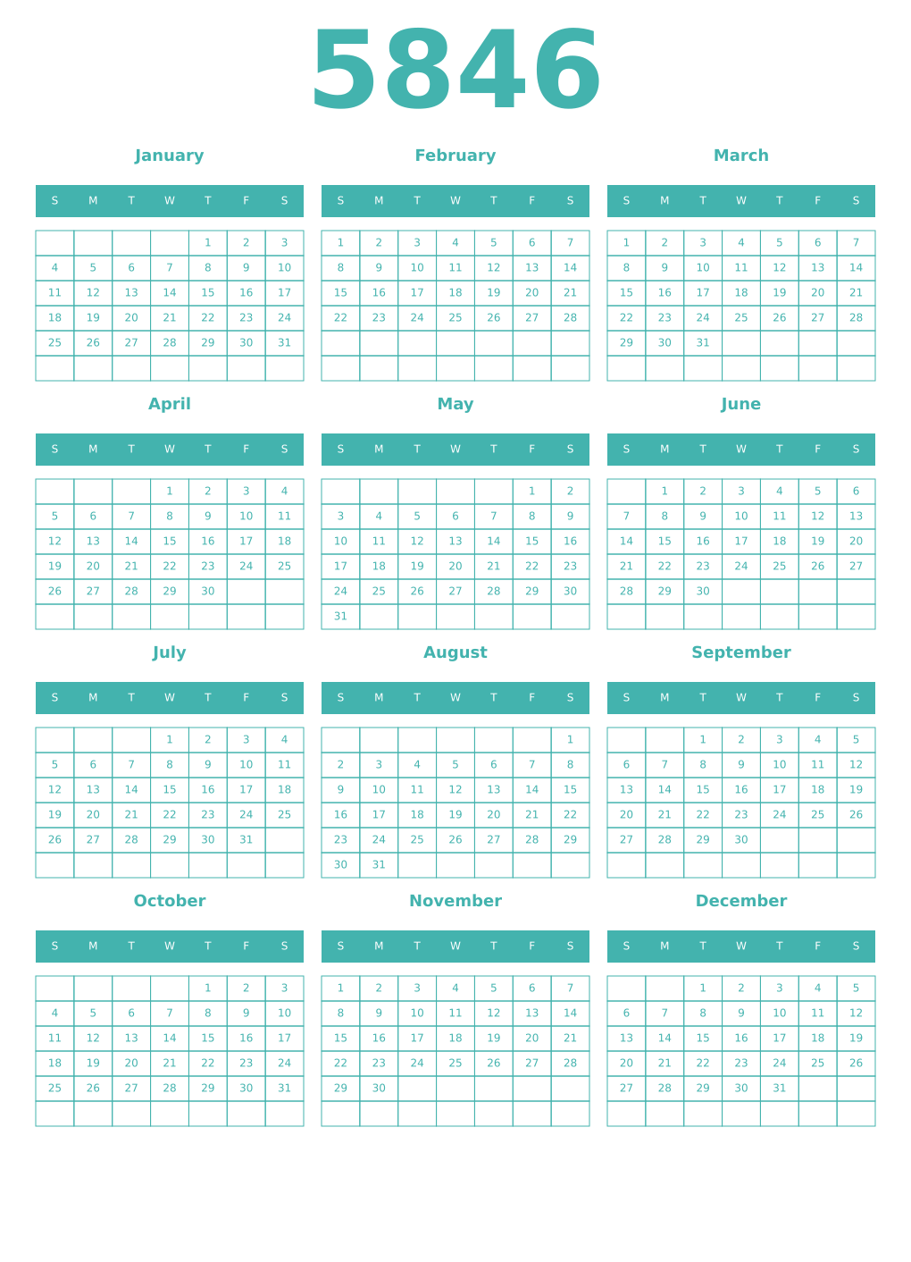 Printable 5846 Year Calendars verdigris