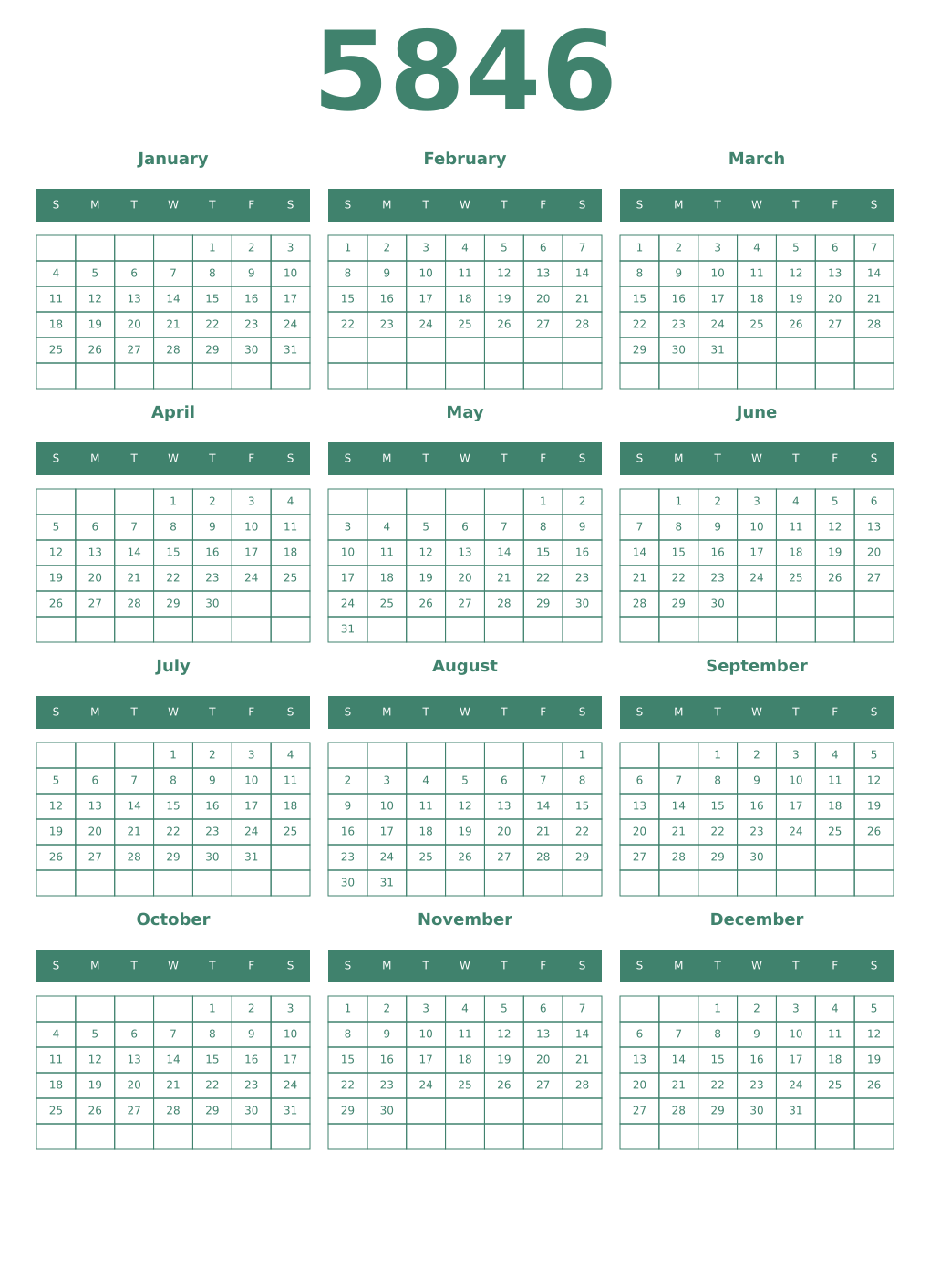 Printable 5846 Year Calendars viridian