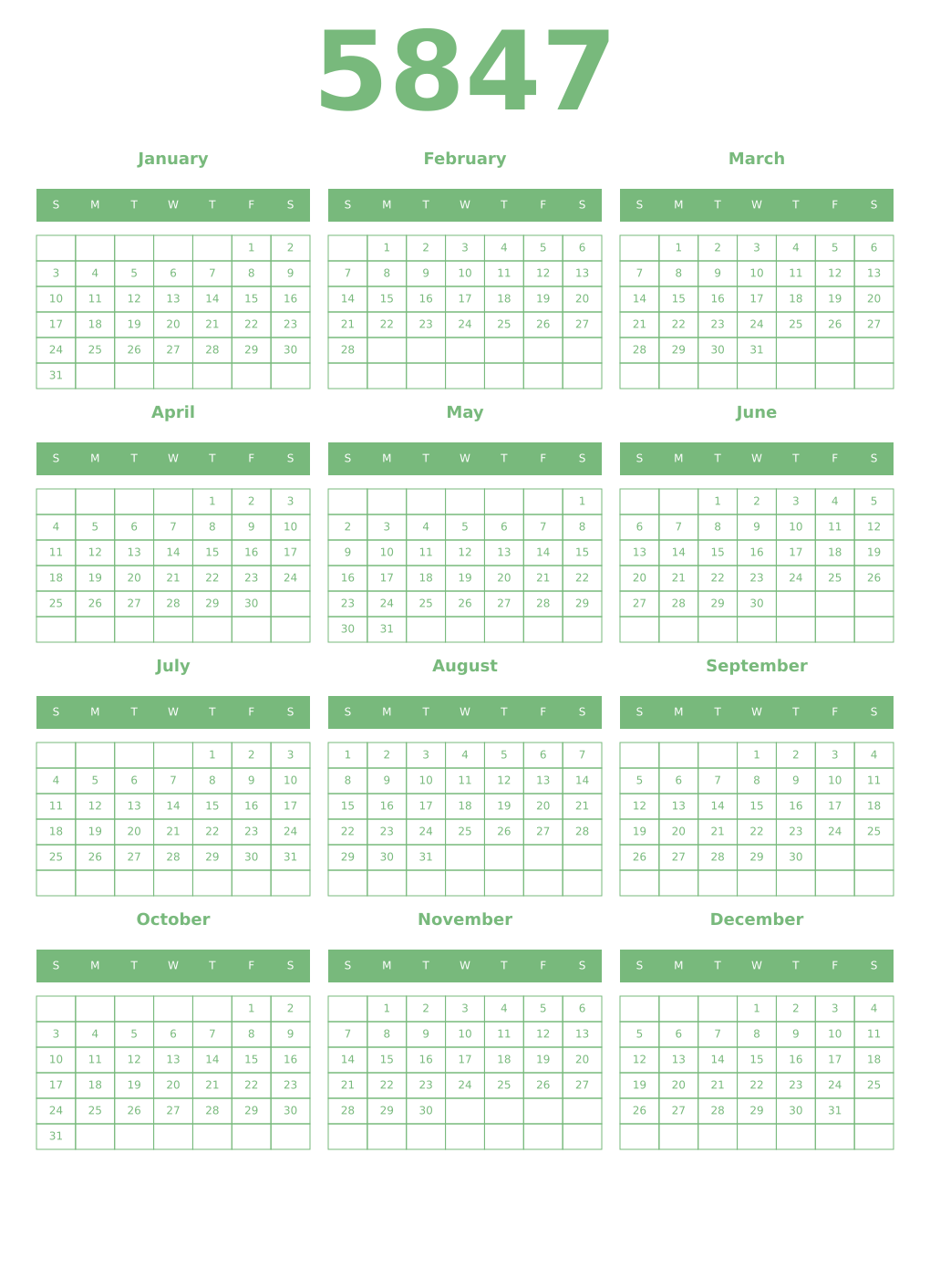 Printable 5847 Year Calendars celadon