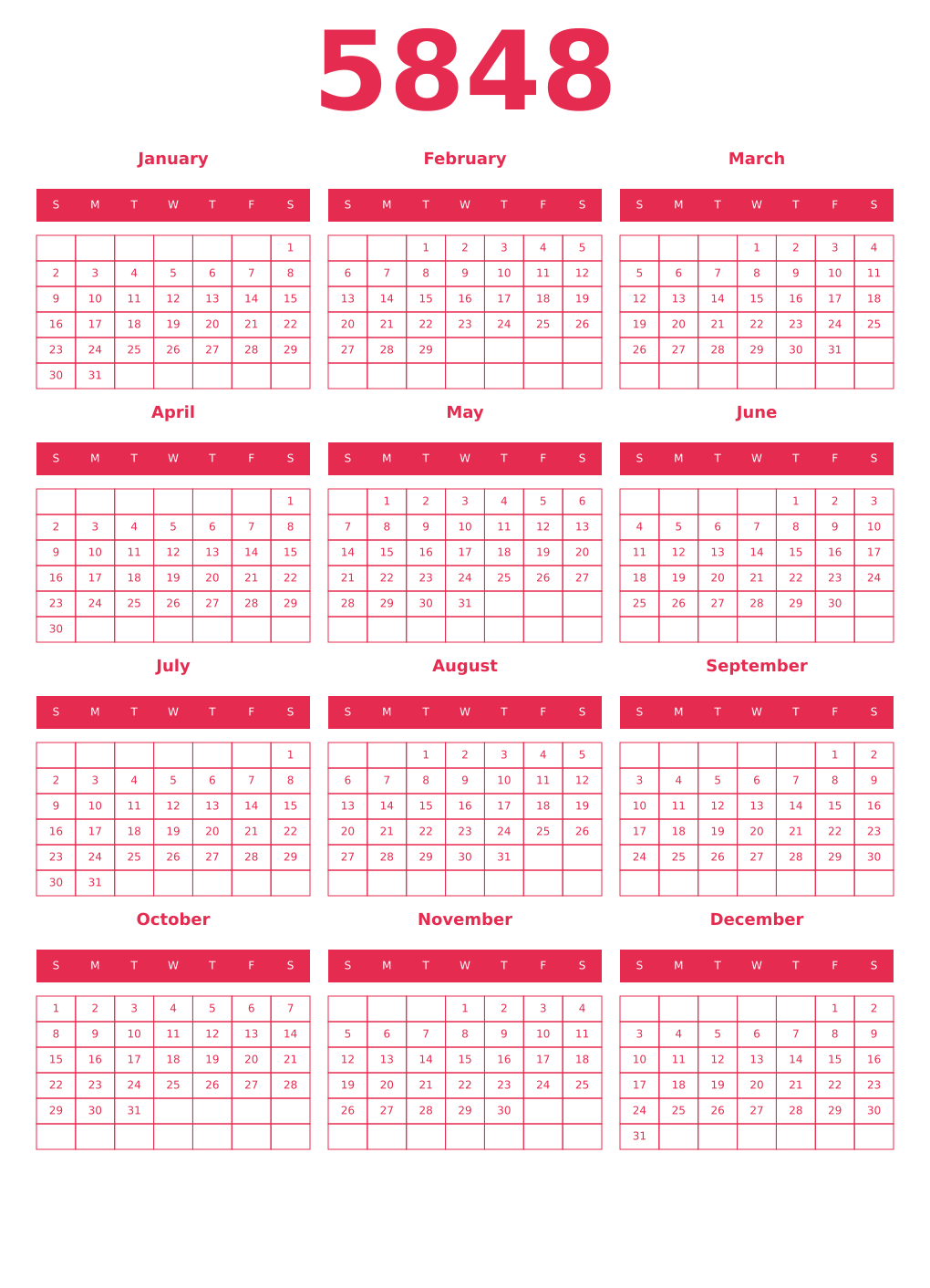 Printable 5848 Year Calendars amaranth