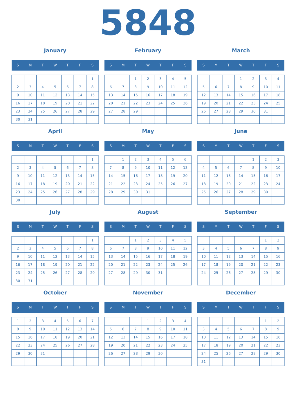 Printable 5848 Year Calendars blue