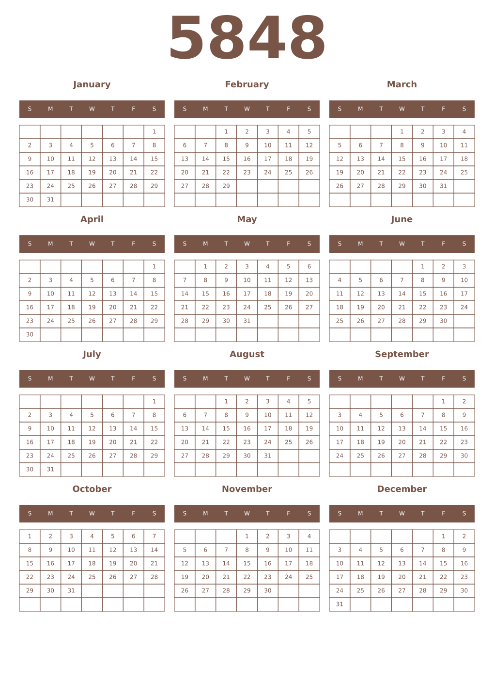 Printable 5848 Year Calendars coffe