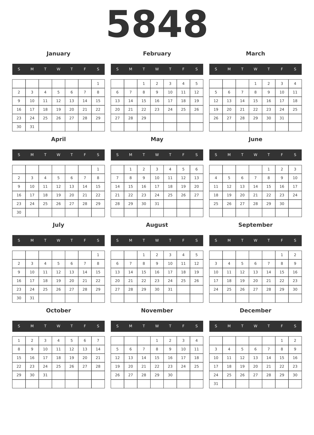 Printable 5848 Year Calendars dark