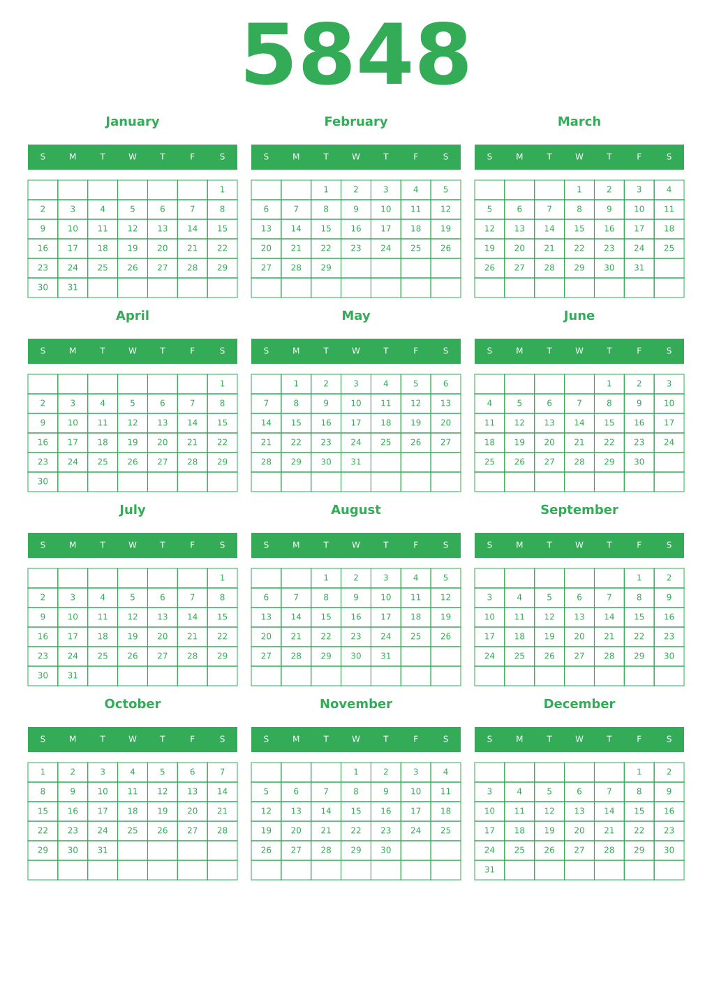 Printable 5848 Year Calendars green