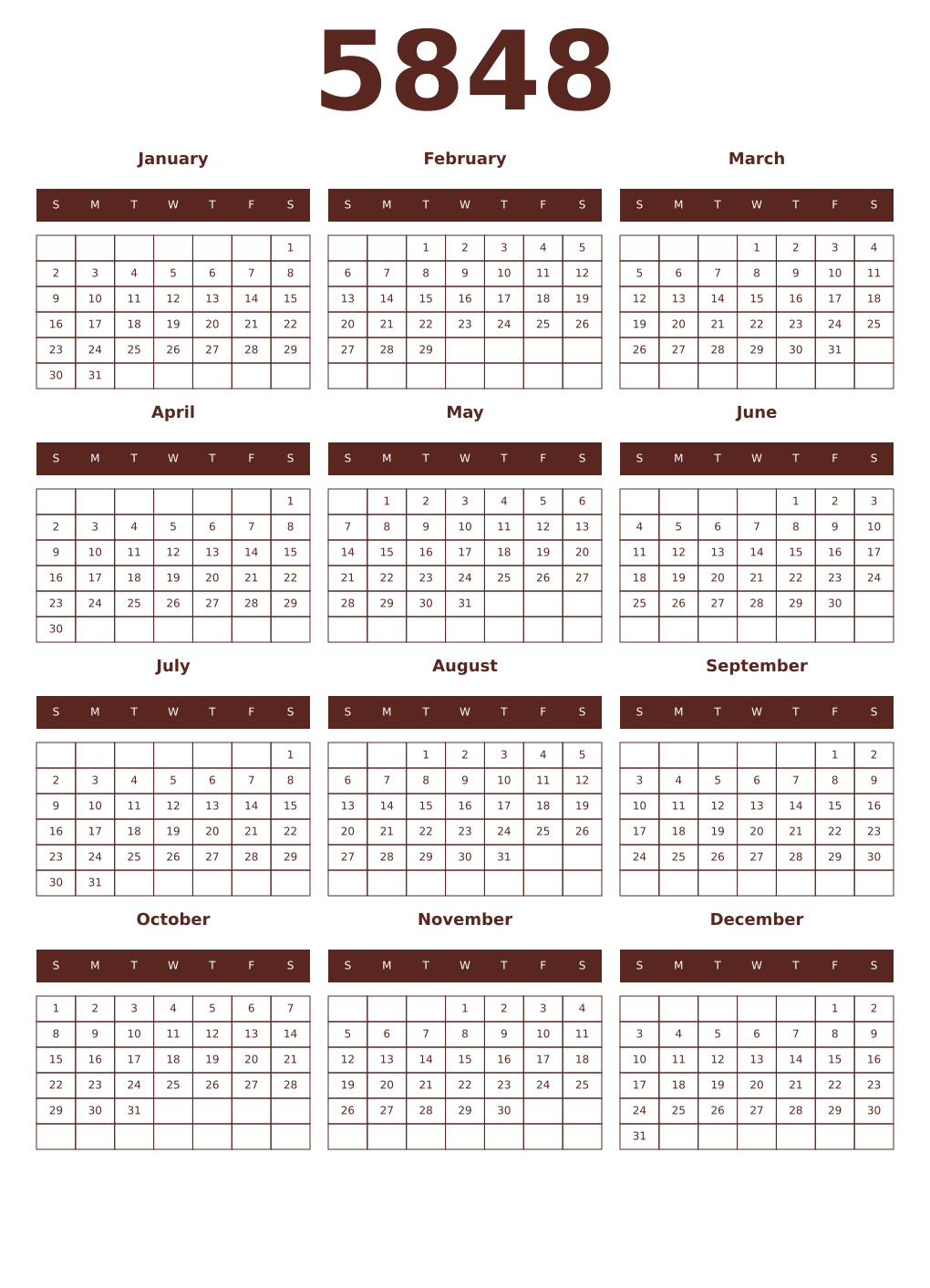 Printable 5848 Year Calendars mortuum