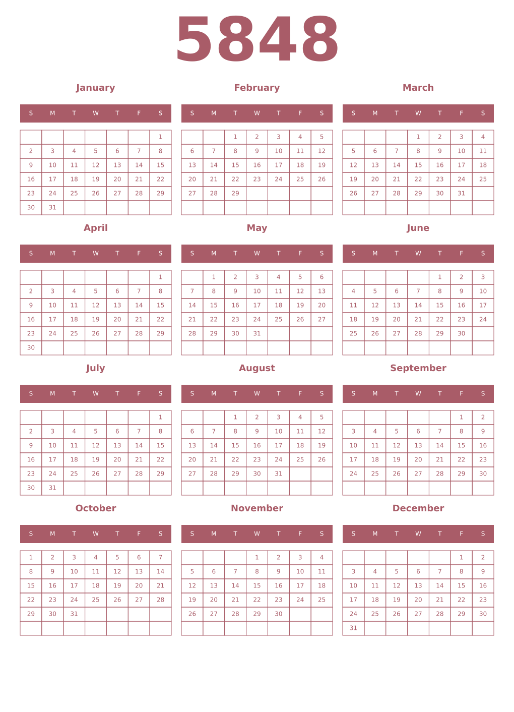 Printable 5848 Year Calendars puce