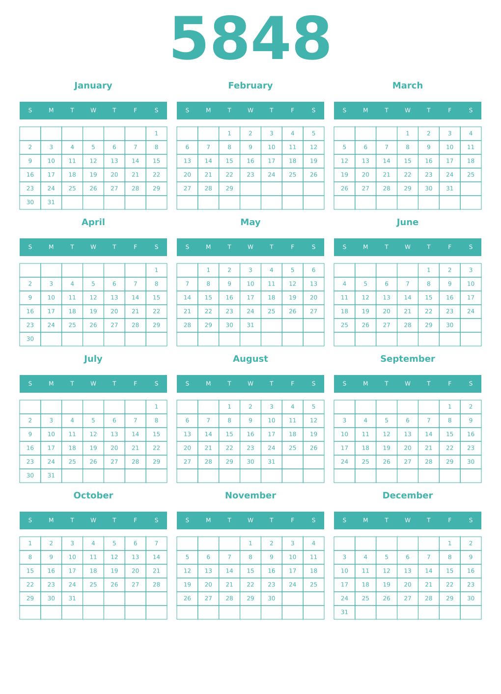 Printable 5848 Year Calendars verdigris