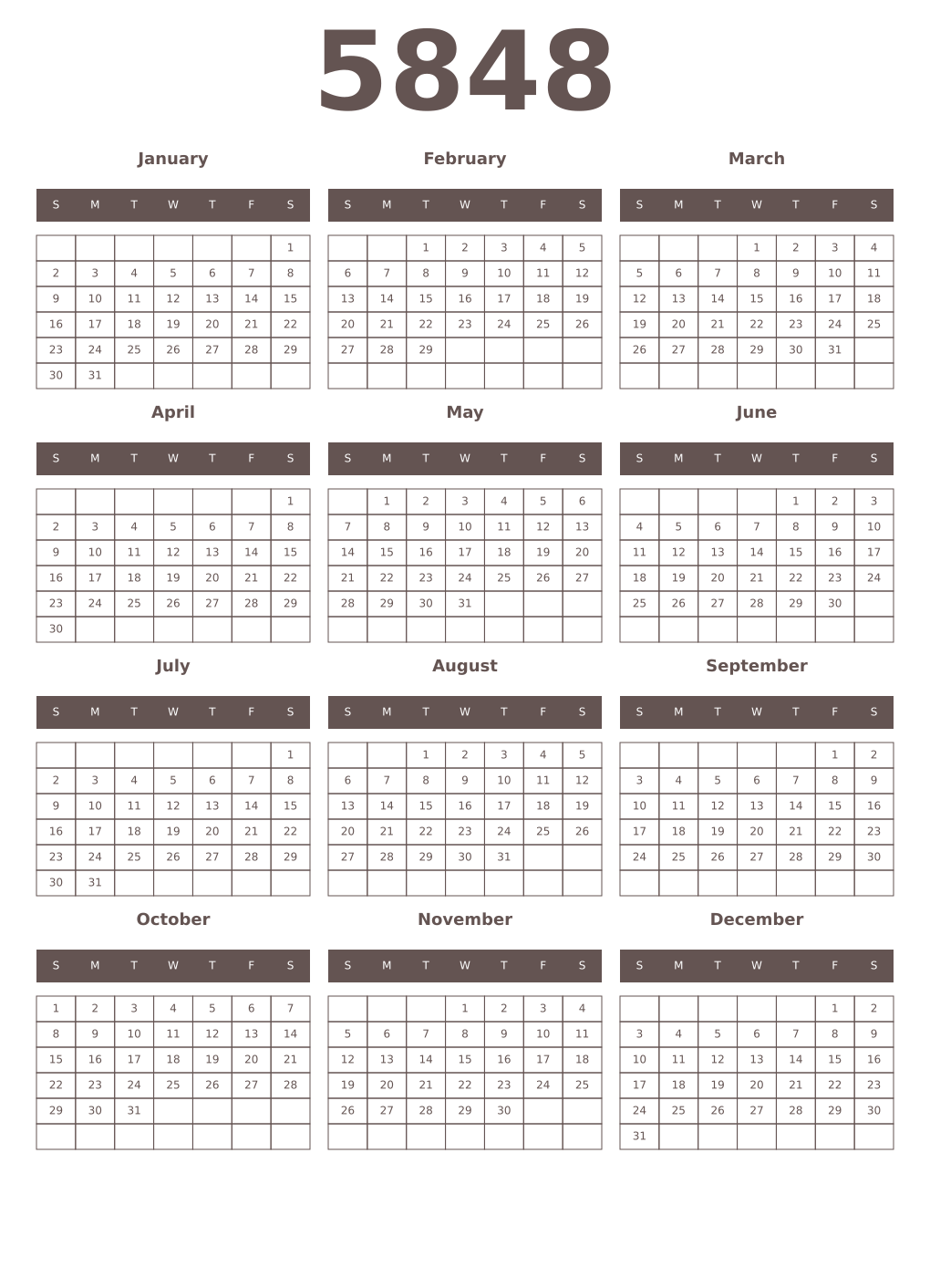 Printable 5848 Year Calendars wenge