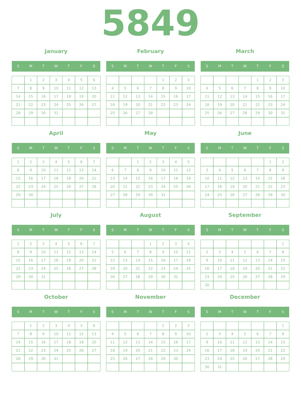 Printable 5849 Year Calendars celadon