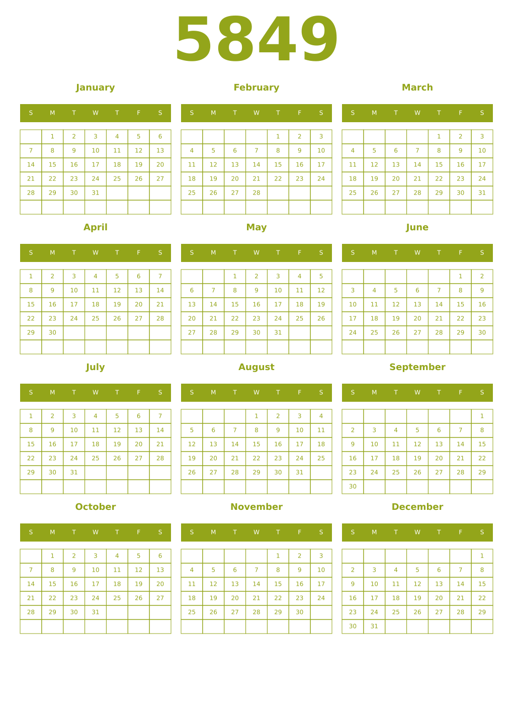 Printable 5849 Year Calendars chartreuse
