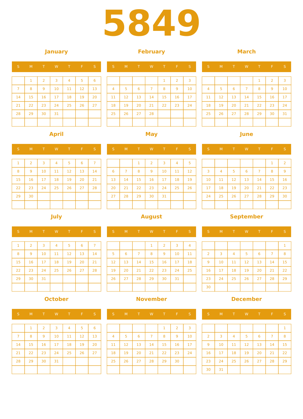 Printable 5849 Year Calendars gamboge