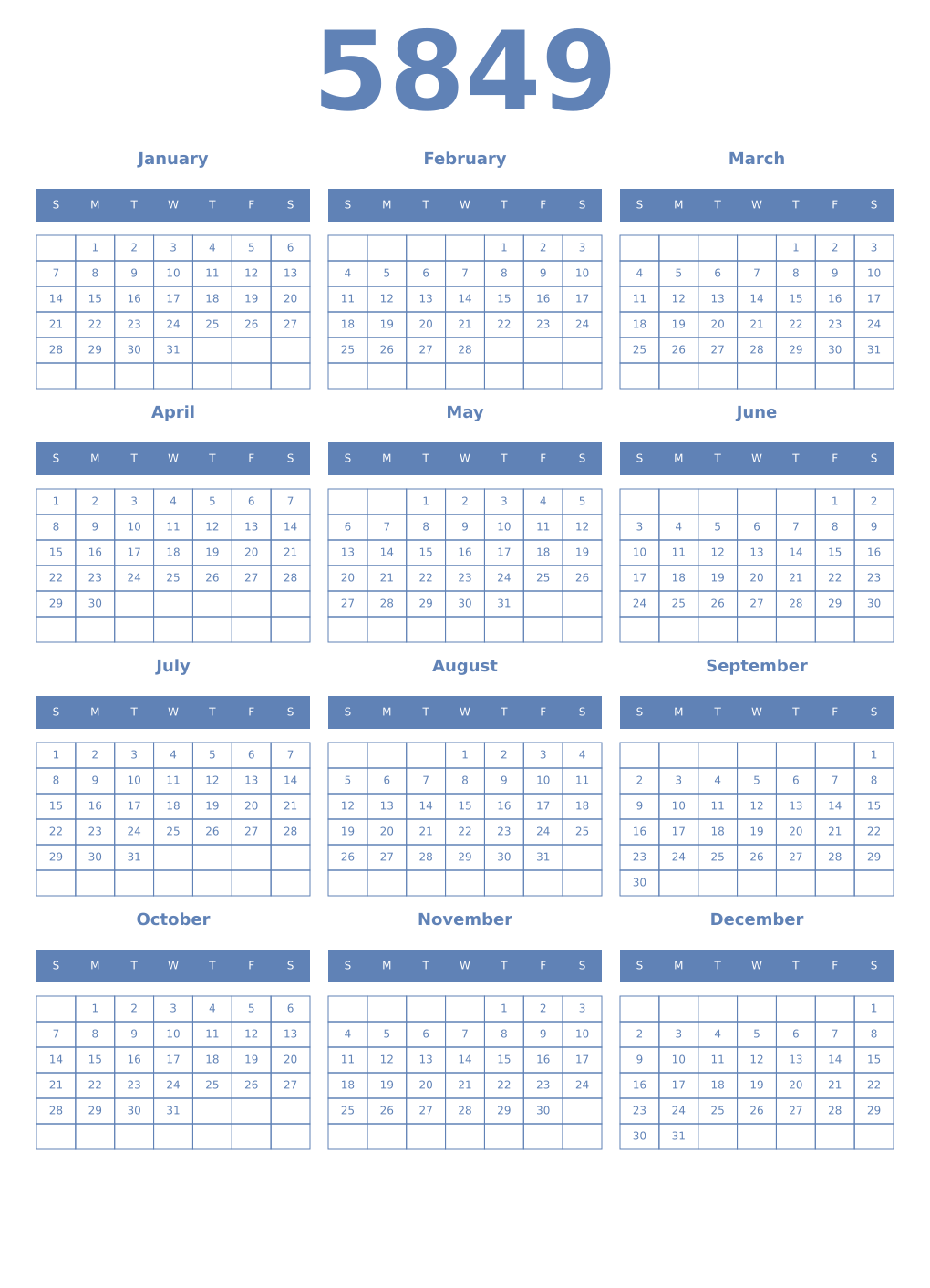 Printable 5849 Year Calendars glaucous