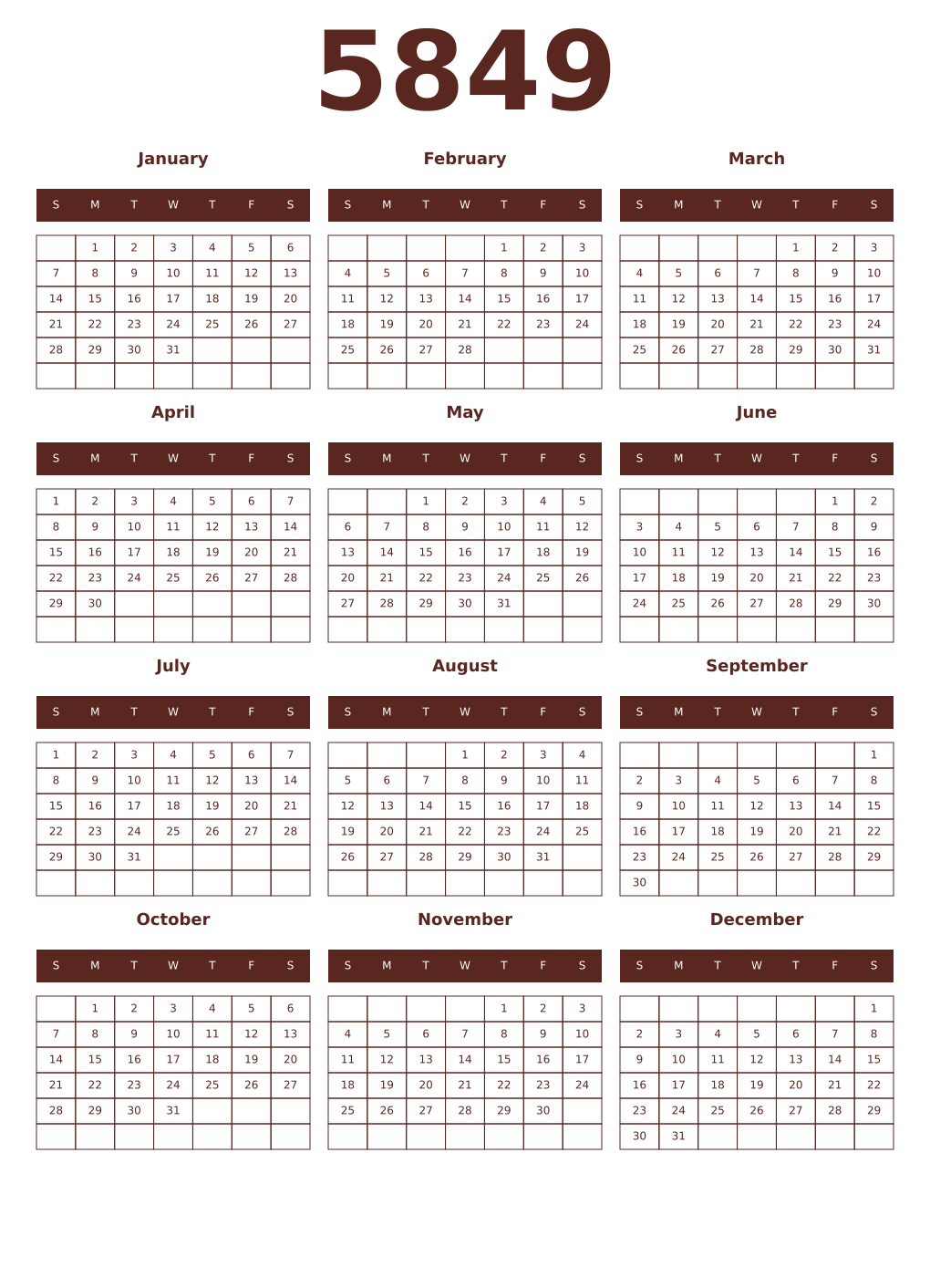 Printable 5849 Year Calendars mortuum