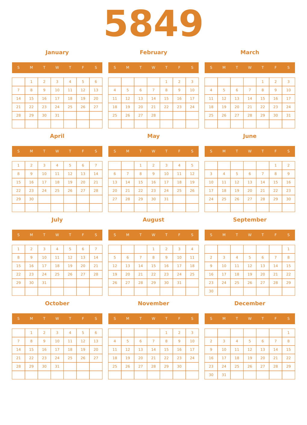 Printable 5849 Year Calendars orange