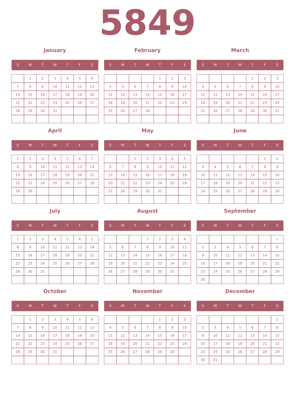 Printable 5849 Year Calendars puce
