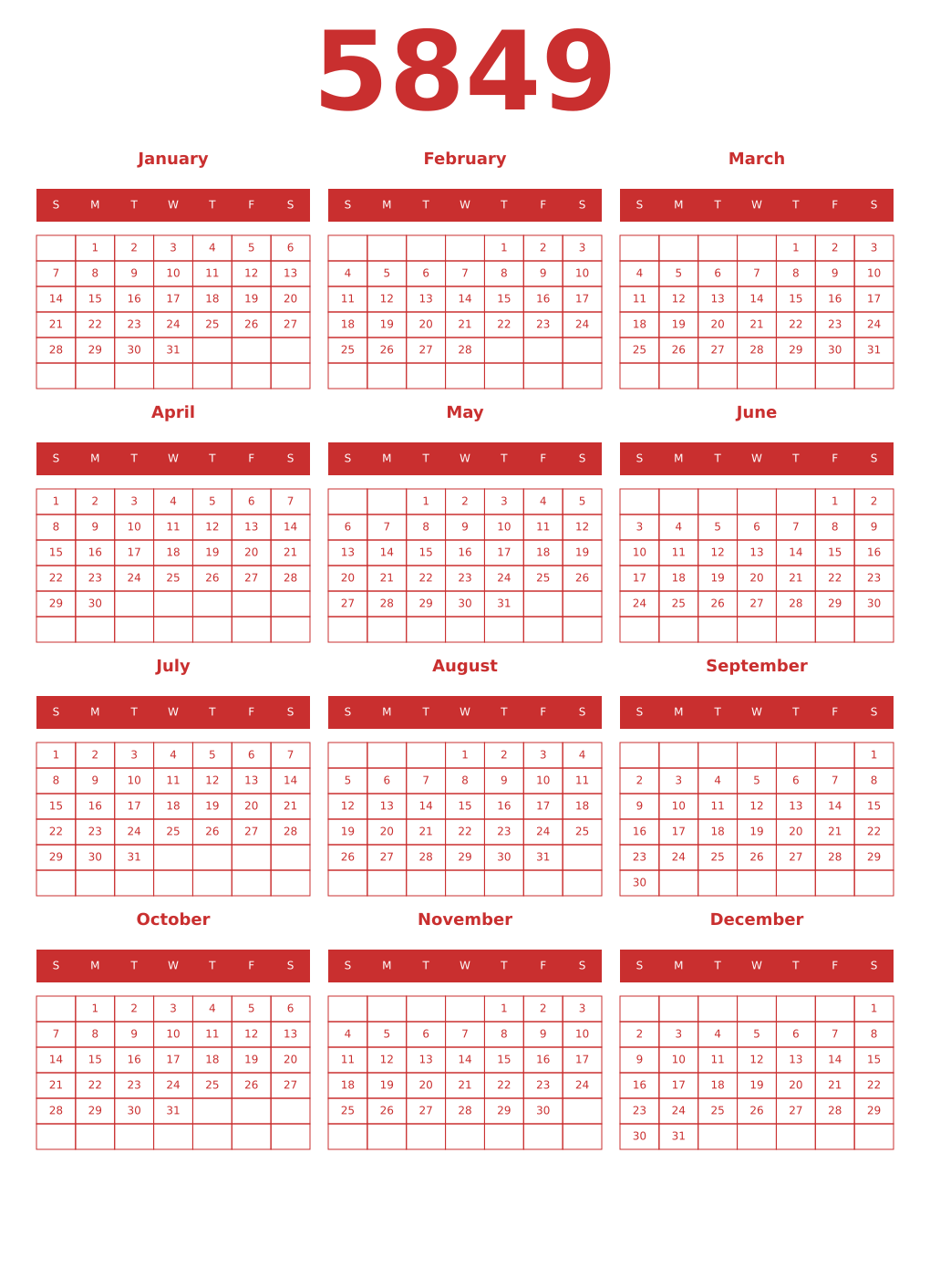 Printable 5849 Year Calendars red