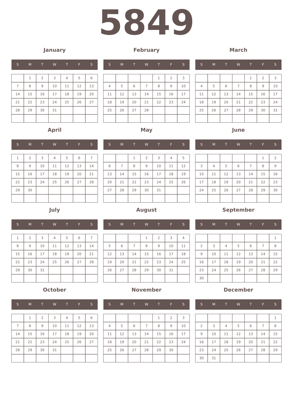 Printable 5849 Year Calendars wenge