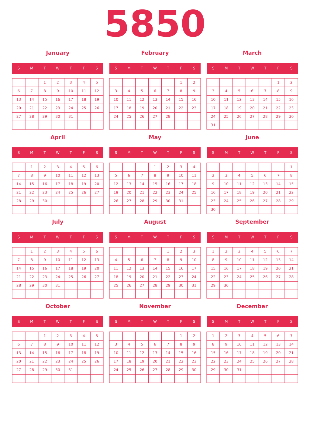 Printable 5850 Year Calendars amaranth
