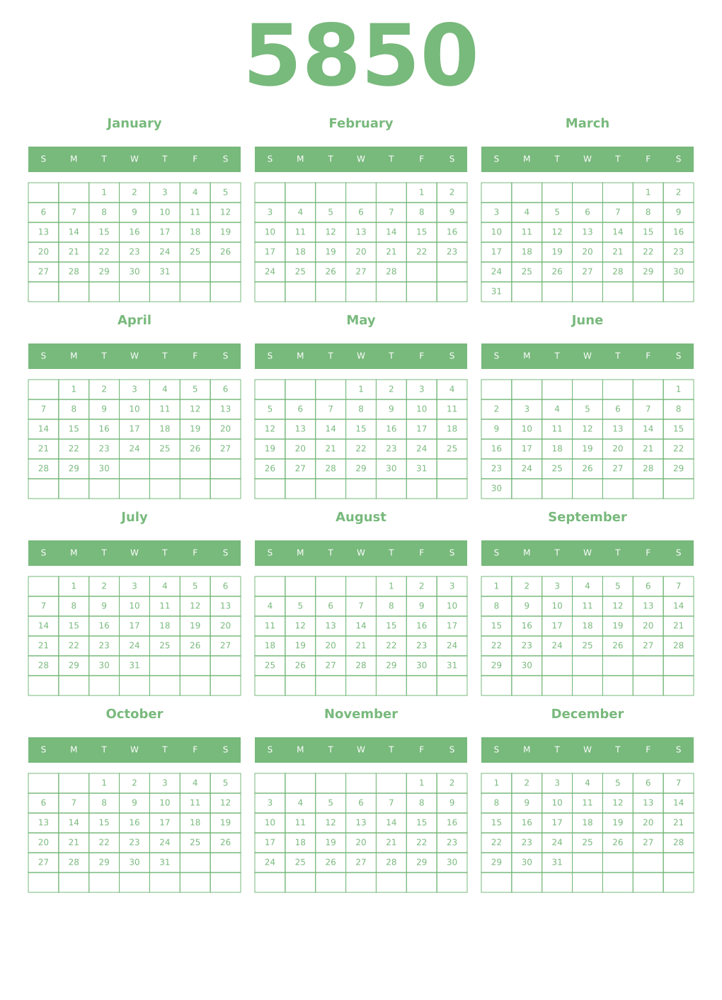 Printable 5850 Year Calendars celadon