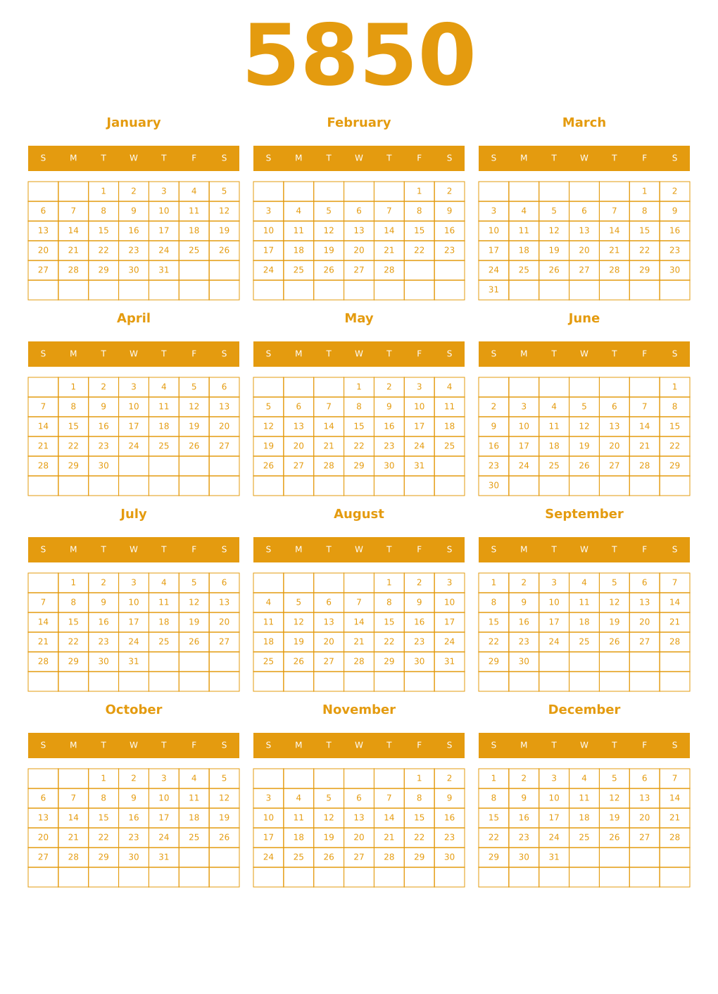 Printable 5850 Year Calendars gamboge