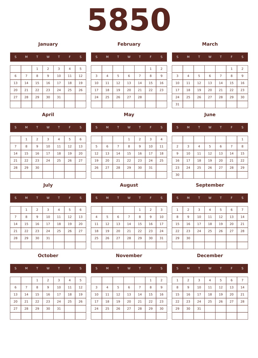 Printable 5850 Year Calendars mortuum