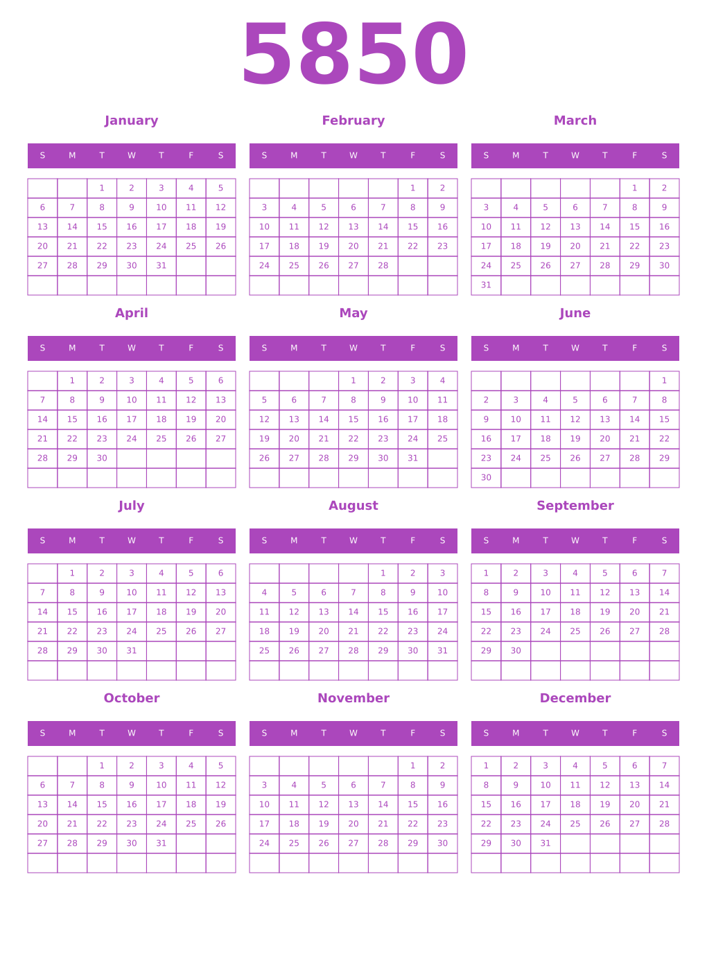 Printable 5850 Year Calendars purple