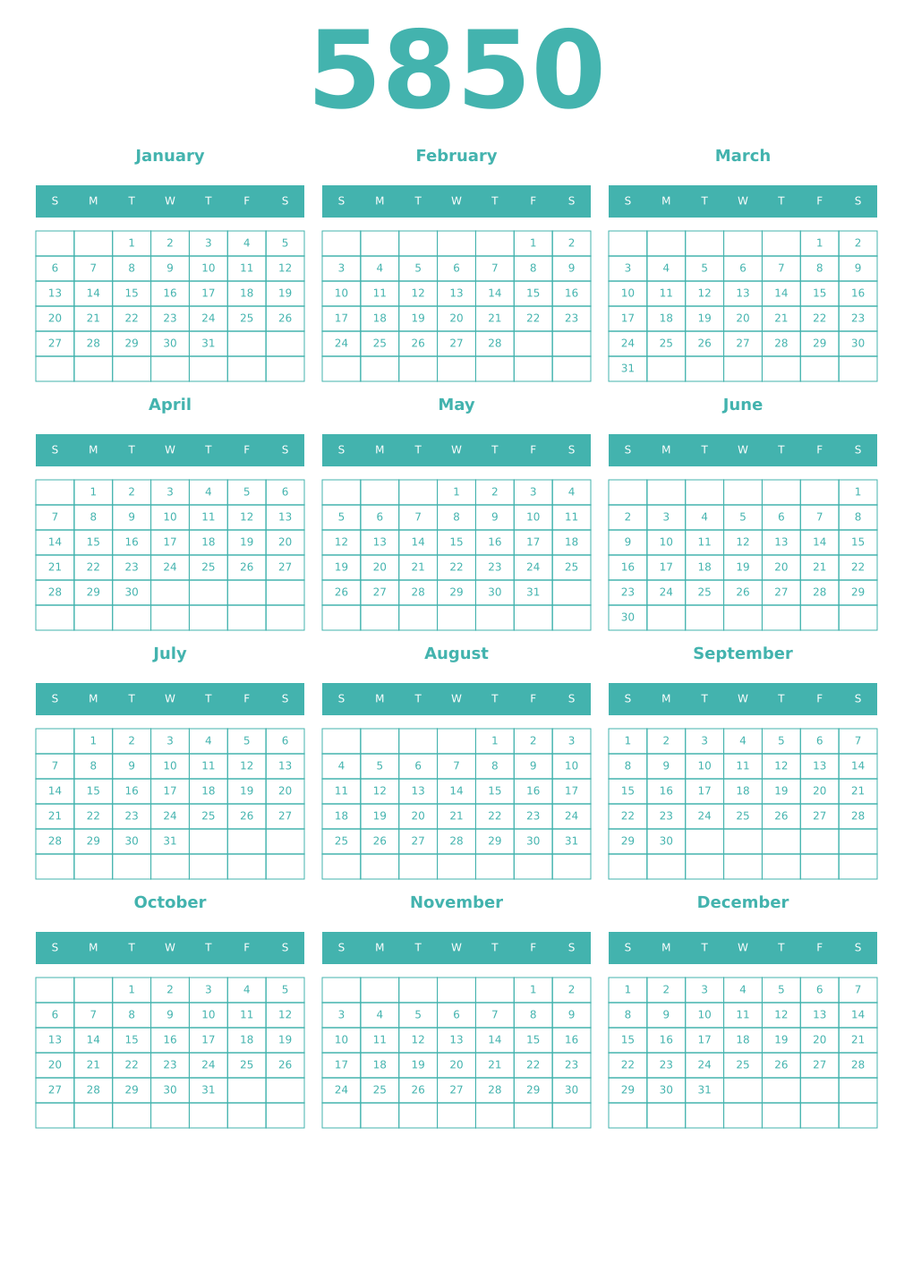 Printable 5850 Year Calendars verdigris